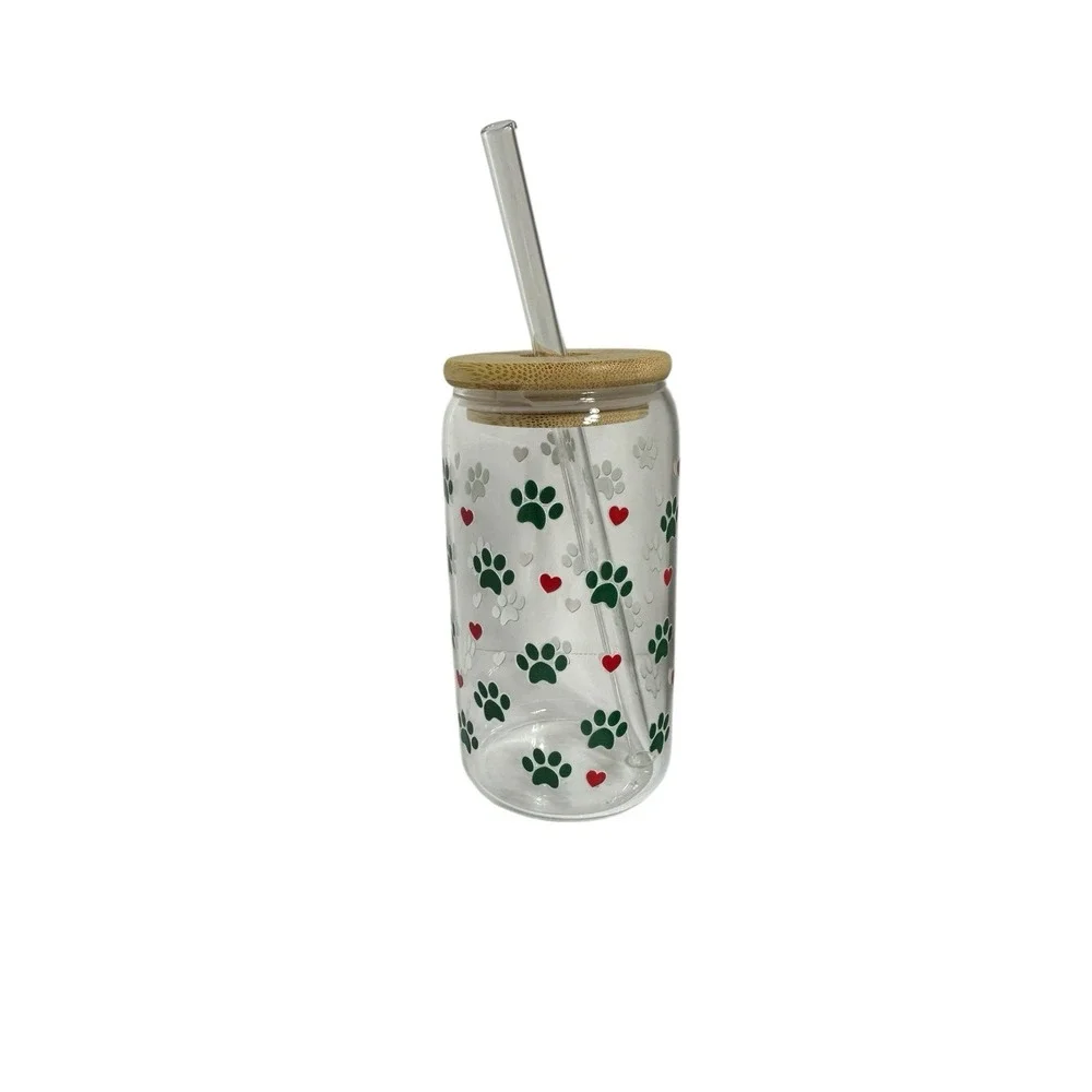 NEW custom GLASS TUMBLER‎ bamboo lid GLASS STRAW handmade paw prints hearts